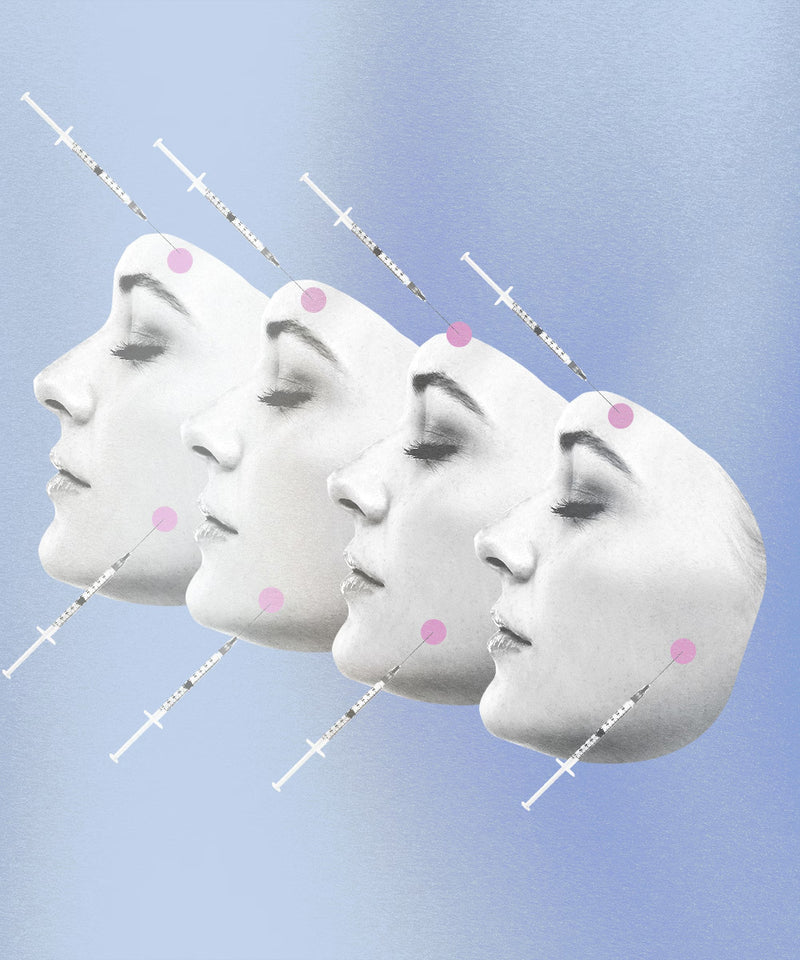 Four identical floating faces with needle injection marks on a light blue background